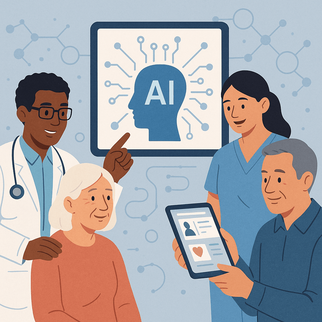 Healthcare professionals and patients using AI technology